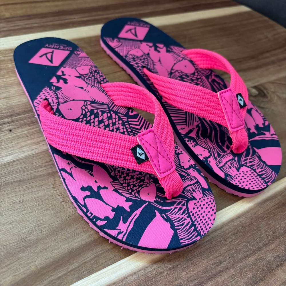 Sperry Top-Sider Kids Flip Flops Pink Navy Fish Print Sandals - Size 13M